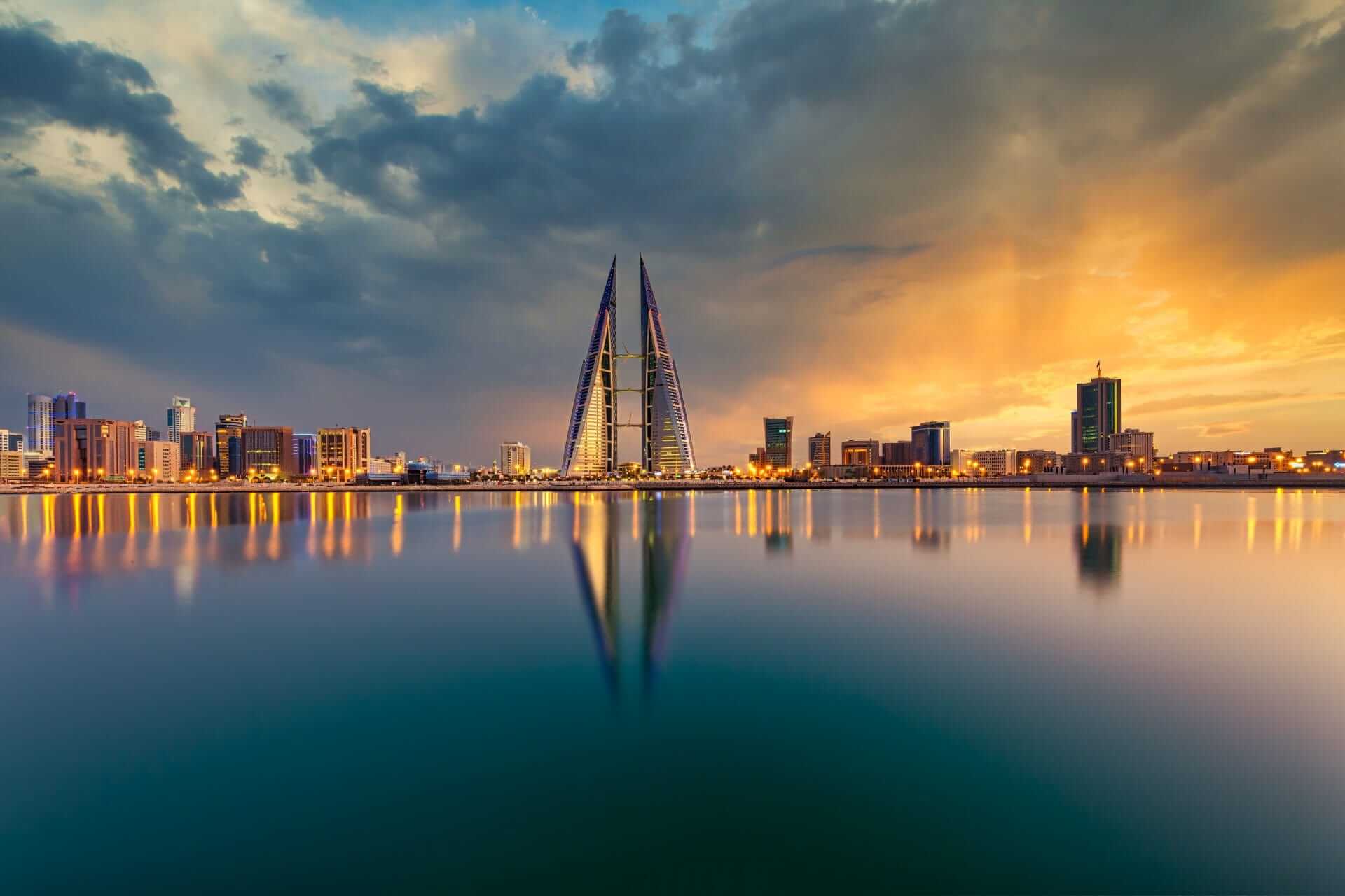 Bahrain on a Jewish heritage tour. The skyline of Bahrain in front of the water.